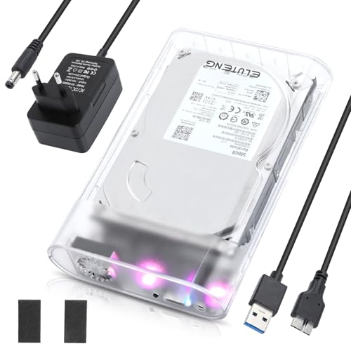 ELUTENG Carcasa Disco Duro 3,5'' USB 3.0 Caja Disco Duro Externo 5Gbps para HDD SSD SATA de 3,5'' y 2,5'' hasta 24TB con Iluminación RGB, Sopporta UASP&Trim, No Requiere Herramientas (Transparente)