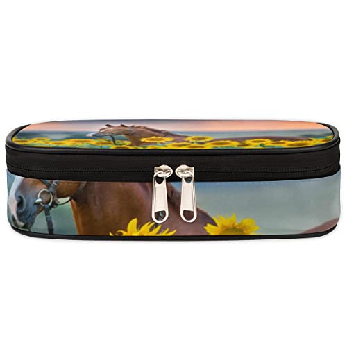 Image of Pardick Horse Sunflower Big Capacity Pencil Pen Case Horse Flower Large Pencil Pouch with Zipper Compartments Pencil Bag for Boys Girls Adults Student Office School Supplies