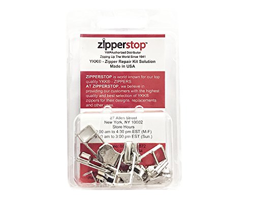 ZipperStop Wholesale - Zipper Repair Kit Solution YKK #5 Assorted Metal Bell Pull Sliders with Top-Bottom Stoppers Made in USA in CLAMSHELL BOX W/HANGER (Aluminum - 5 sliders)