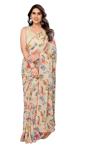 MOHIT CREATIONS Women's Party Wear Georgette Printed Border Ready To Wear Saree With Unstiched Blouse Piece