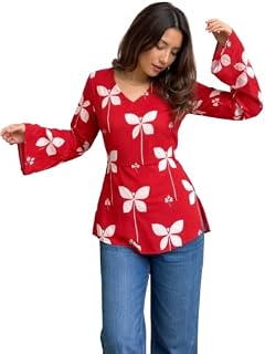 TAAZO Fashion™ Red Printed Long Sleeve Short Kurti for Women and Girl Price In India