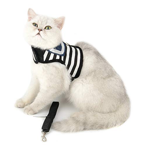 Smalllee_Lucky_Store Soft Mesh Sailor Harness For Cat And Small Dogs, Pet Navy Striped Walking Vest Puppy Padded Harnesses Leash Set Adjustable Black S #TOP6