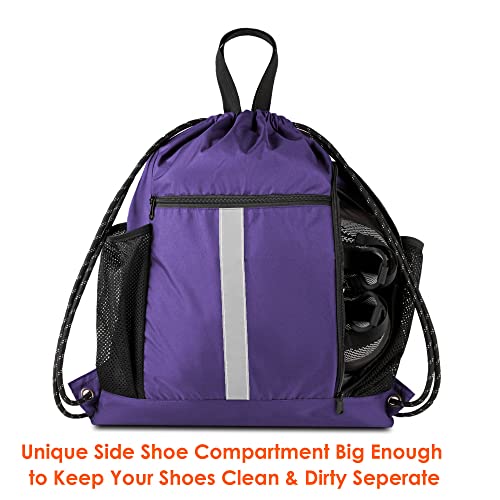 Image of BeeGreen Purple String Bag Sack Gym Backpack with Shoe Compartment and Two Water Bottle Holder for Men Women Lightweight Durable Drawstring Cinch Sackpack