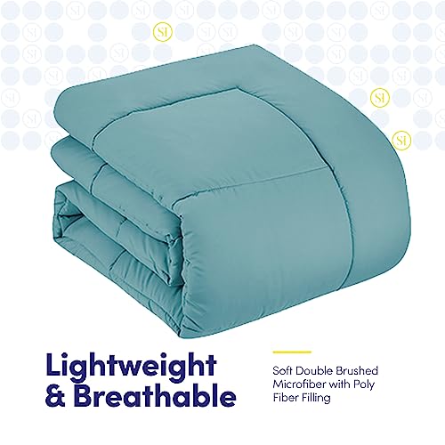 Sweet Home Collection 7 Piece Comforter Set Bag Solid Color All Season Soft Down Alternative Blanket & Luxurious Microfiber Bed Sheets, Misty Blue, Queen