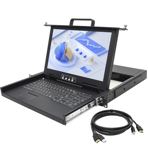Image of 1U Rack Mount KVM Console- 15.6 inch 1080P Rackmount Monitor+ Single Port HDMI KVM + Keyboard+ Touchpad, Short Depth 14.17 inch, Fits 19 inch Wide Network Cabinet, Incl. 1 USB HDMI Cable,1 Power Cord, 2 Brackets