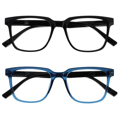 OPULIZE LEO Gafas de Lectura - Pack de 2 - Montura Rectangular Grande - Negro, Azul - Hombre Mujer - Bisagras de Muelle - RR55-13 - +1.50
