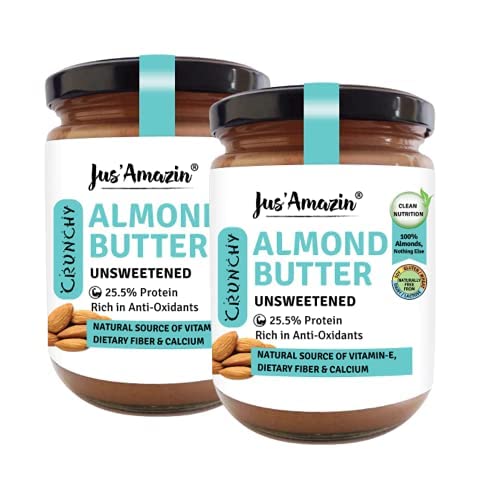 Image of Jus' Amazin Crunchy Almond Butter - Unsweetened (500 Gram) Pack Of 2|25% Protein|Only Whole Almonds (100% Pure)|Zero Additives|100% Natural|Dairy Free|Keto|Plant Based Nutrition|Clean Nutrition