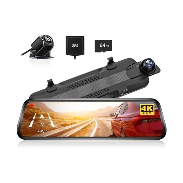 WOLFBOX G930 4K 10″ Rear View Mirror Camera, Dash Cam Front and Rear for Car with 64GB Card, Touch Screen Smart Rear View Mirror Backup Camera, Parking Monitor, Reverse Assist, GPS, Support 256GB Max