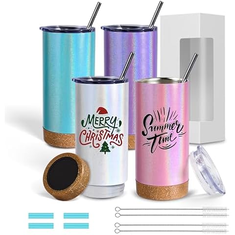 ColorSub 17 oz Sublimation Glitter Tumblers, Stainless Steel Sublimation Blanks Tumblers, Double Wall Insulated Sublimation Cups Set with Cork Bottom, Lid, Metal Straw, Brush, Gift Box, 4 Pack Cover