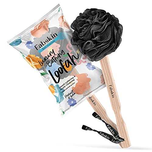 Image of Fabskin Bath Brush Loofah With Wooden Handle | Black | Back Bath Scrubber | For Men and Women | Loofah For Back Bathing | Made In India