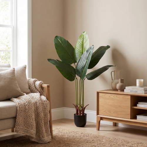 Image of Dekorly Premium Artificial 6 Green Leaves Banana Tree Plant with Black Pot, 100 cm (39.3 Inch) - Elegant Faux Indoor Tropical Plant for Home & Office Decoration
