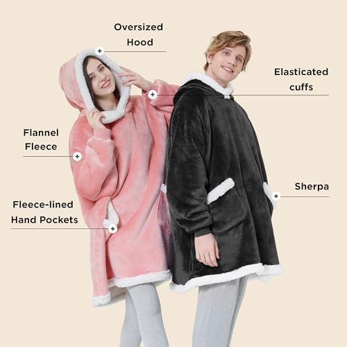 Bedsure Blanket Hoodie, Wearable Blanket for Adults & Kids as Gifts for Women Men, Birthday Gifts for Women Mom Girl Sherpa Oversized Hoodie, Grey Black, Small