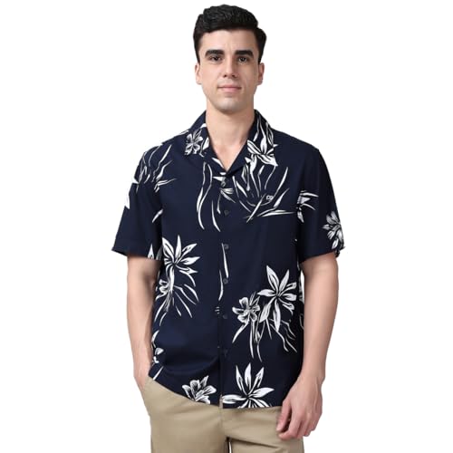 Image of Peter England Men's Cotton Blend Classic Fit Floral Print Casual Shirt | Cuban Collar, Half Sleeves | Casual Wear