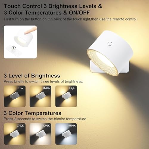 Image of Lightess Battery Operated Wall Sconces Set of 2, Remote Control, Colorful | 19 Colors Dimmable, Rechargeable Light for Bedroom Hallway, Cordless