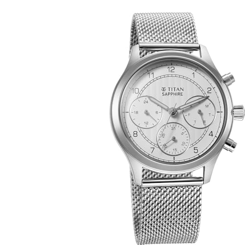 Image of Titan Sapphire Quartz Multifunction White Dial Silver Stainless Steel Strap Watch for Men - NT1874SM01