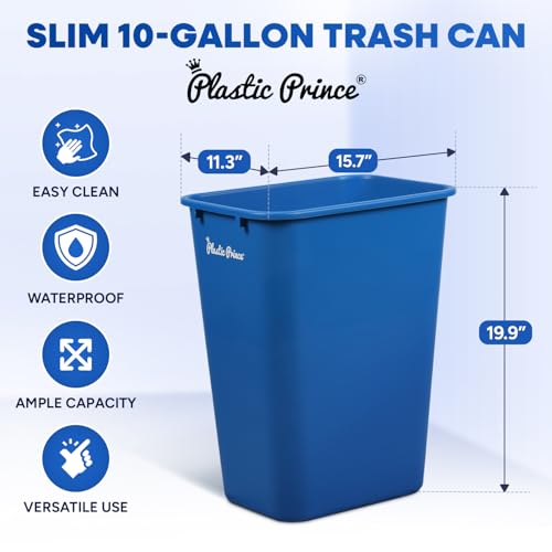Image of PLASTIC PRINCE 10 Gallon Trash Can Blue Recycle Bin for Kitchen Bathroom Office 40 Qt Garbage Bin Fits Under Desk Cabinet Sink, High Plastic Waste Basket 19.9 inch H x 15.7 inch W x 11.3 inch D, Pack of 2