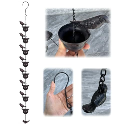 7.9FT (8 Cups) / 9.5FT (10 Cups) / 11.1FT (12 Cups) Rain Chains for Gutters, Rustic Iron Decor with Anti-Rust Coating, Alternative to Traditional Downspouts, Easy to Hang Outside (7.9FT)