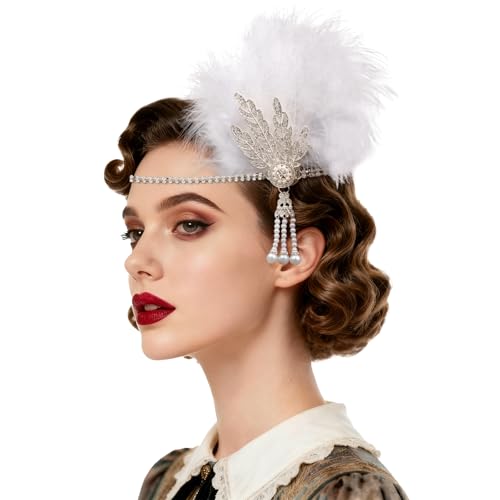 WHAVEL 1920s Flapper Feather Headband White Roaring 20s Headpiece Gatsby Headpiece for Women Inspired Leaf Medallion Crystal Headband Masquerade carnival Wedding Accessories