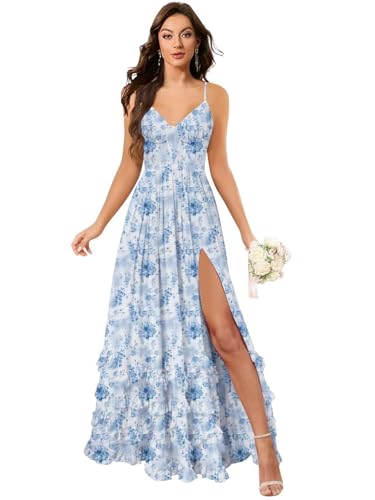 Women's Long Bridesmaid Dresses with Slit Tiered Ruffle Chiffon Wedding Guest Dress Formal Cocktail Party Gown