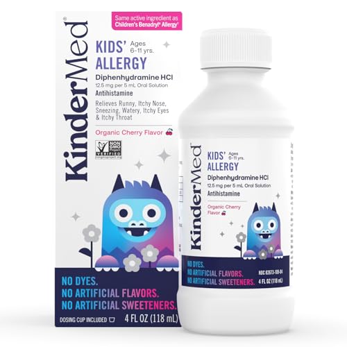 Image of KinderMed Kids' Allergy Medicine with Diphenhydramine HCI, No Dyes, No Artificial Flavors or Sweeteners, Vegan, Non-GMO, Gluten Free, for Kids 6-11 Years, Organic Cherry Flavor (4 Fl Oz)
