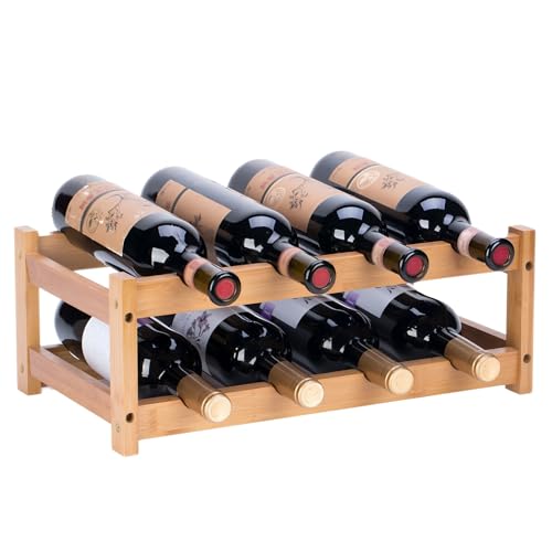YunNasi Botellero Vino, Botellero Vertical de Bambú, Botellero Apilable de Mesa, Expositor Vino para Cocina Bar Bodega Vinoteca(2 Niveles-8 Botellas)