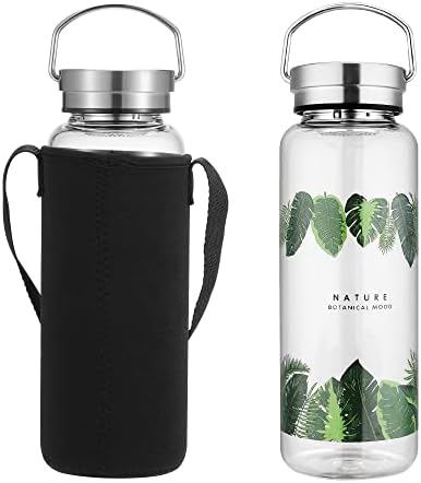 sunkey Glass Water Bottle 1 Litre Wide Mouth with Leak Proof Lid Neoprene Sleeve Bpa Free Portable for Home Office Gym Sports Travel