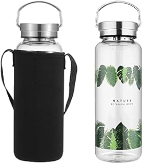 sunkey Glass Water Bottle 1 Litre Wide Mouth with Leak Proof Lid Neoprene Sleeve Bpa Free Portable for Home Office Gym Sports Travel