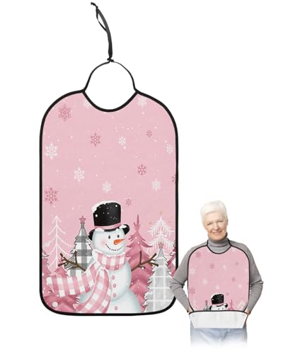 LEOKOTI Pink Snowman Christmas Adult Bibs for Eating, Waterproof Bibs with Food Catcher & Snap Closure, Winter Snowflake Xmas Tree Pink Grey Plaid Clothing Protectors Adult Bibs for Elderly Women/Men