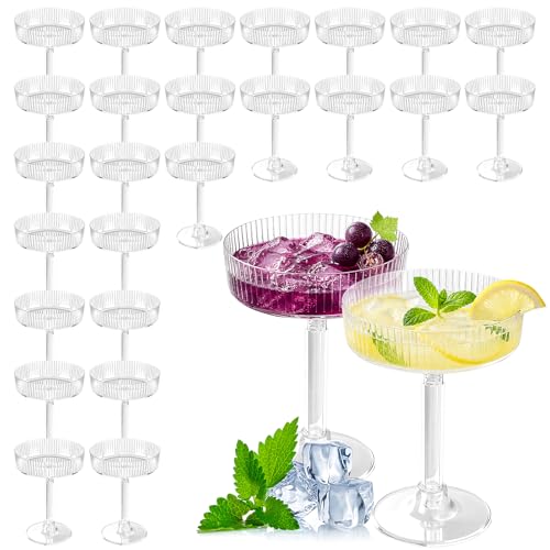 Image of 50 Pcs 5 oz Plastic Ribbed Martini Glasses, Disposable Vintage Plastic Coupe Glasses for Cocktails, Desserts Parfaits, Clear Party Glassware for Weddings Events