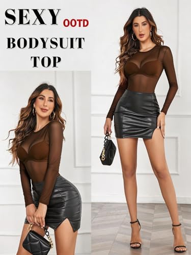 Image of Avidlove Womens Mesh Long Sleeve Bodysuit Round Neck Sheer Leotards Geo Print Bodysuit Top with Snap Crotch