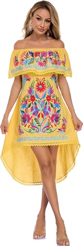 Image of YZXDORWJ Women's Mexican Asymmetrical Dress Embroidered Floral Off-Shoulder Cocktail Latina Fiesta Dress