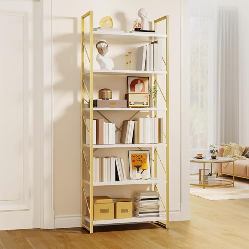 DWVO 6 Tier Bookshelf Tall Bookcase, Modern Gold Book Shelf, Open Display Storage Rack Shelves for Living Room/Bedroom/Home/Office/Kitchen, White & Gold
