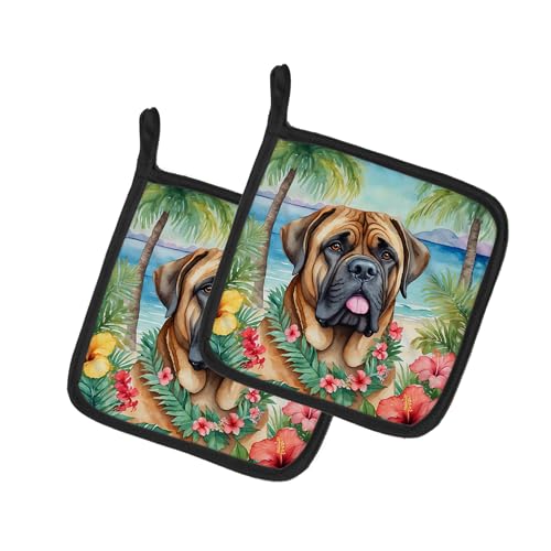 Caroline's Treasures Mastiff Luau Pair of Pot Holders Kitchen Heat Resistant Pot Holders Sets Oven Hot Pads for Cooking Baking BBQ, 7 1/2 x 7 1/2