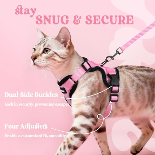 Image of rabbitgoo Cat Harness and Leash Set, Escape Proof Vest, Pink | Soft Breathable Mesh, Easy Adjustable Fit, Snap Buckles, Sturdy Clip, Reflective Strips, for Small & Average Cats Walks, Xs