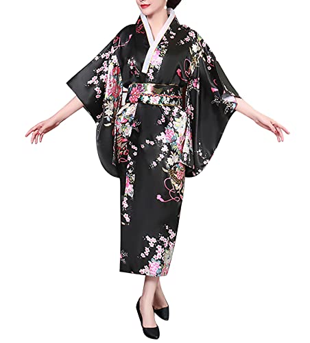Kimono japonais femme yukata de qualité supérieure, peignoir satiné noir traditionnel