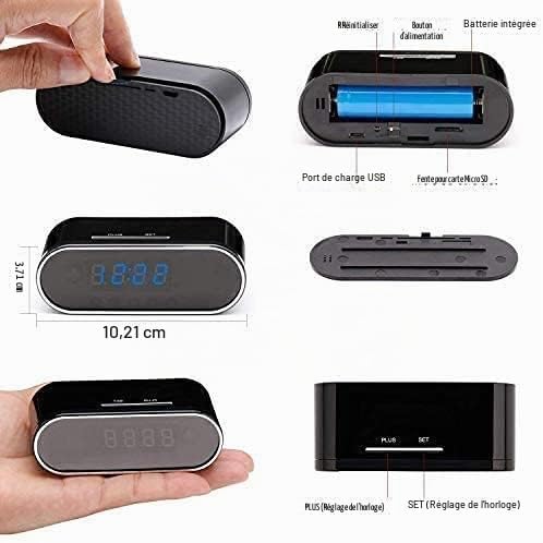 Diagram showing the components and dimensions of the XAMOFAN Mini Spy Camera Clock