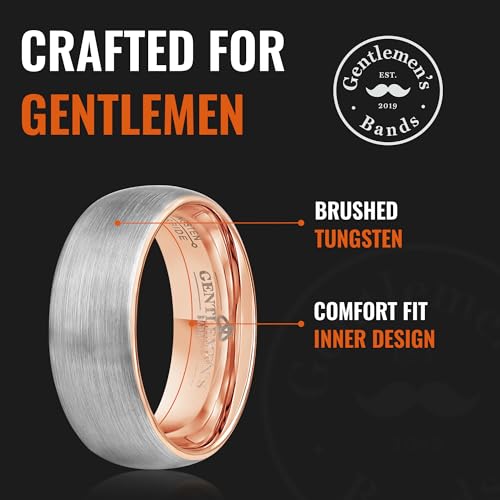 Men's Tungsten Carbide Wedding Band With Rode Gold Inlay- Premium Grade Brushed Silver & Rose Gold Wedding Ring - Includes Silicon Band, Leather Drawstring Pouch, & Luxury Walnut Ring Box3