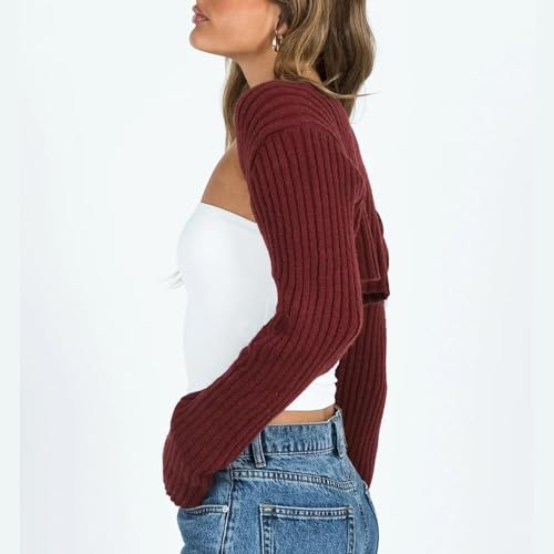 Image of Women Long Sleeve Open Front Ribbed Knit Crop Cardigan Solid Loose Drop Shoulder Shrug Bolero Crop Sweater Top