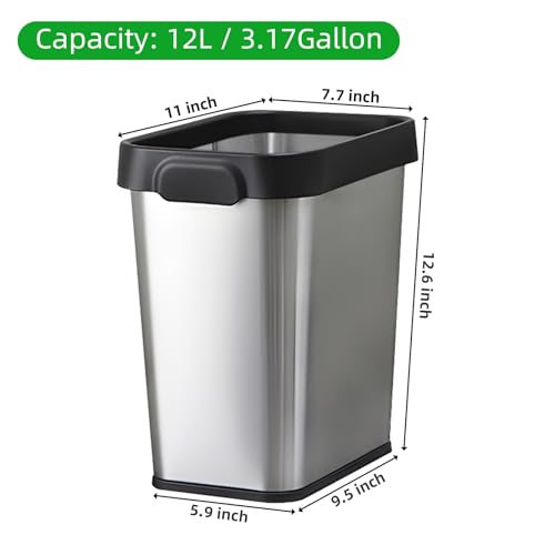 Image of 12 L / 3 Gallon Slim Stainless Steel Trash Can, 8 Inch Wide Small Rectangular Trash Bin 2 Pack, Modern Narrow Garbage Can Open Top, Metal Kitchen Trash Can For Bathroom, Bedroom, Home Office