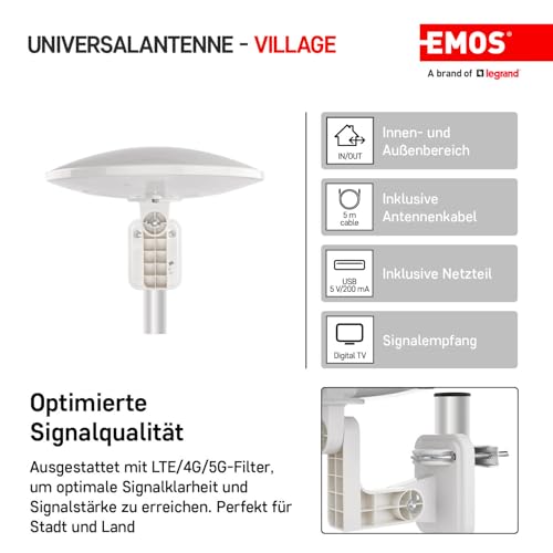 EMOS - Digitalna antena s pojačalom - za vanjsku upotrebu - Aktivna antena Village - Domet 0-80 km - FM/DAB/DVB-T/DVB-T2 - Integrirani LTE/4G/5G filter - Kut prijema 360° - Otporan na vremenske uvjete, UV-zračenje