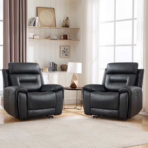 Image of ANJ Power Recliner Chair Set of 2 with USB&Type-C Ports, Breathable Faux Leather Oversized Electric Recliners, Single Overstuffed Heavy Duty Reclining Sofa Chairs for Living Room, Black