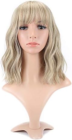 VCKOVCKO Natural Wavy Short Bob Wigs With Air Bangs Women's Shoulder Length Wigs Curly Wavy Synthetic Cosplay Wig Pastel Bob Wig for Girl Colorful Wigs(12", Mix Blonde)