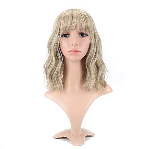 VCKOVCKO Natural Wavy Short Bob Wigs With Air Bangs Women's Shoulder Length Wigs Curly Wavy Synthetic Cosplay Wig Pastel Bob Wig for Girl Colorful Wigs(12", Mix Blonde) - Image 4