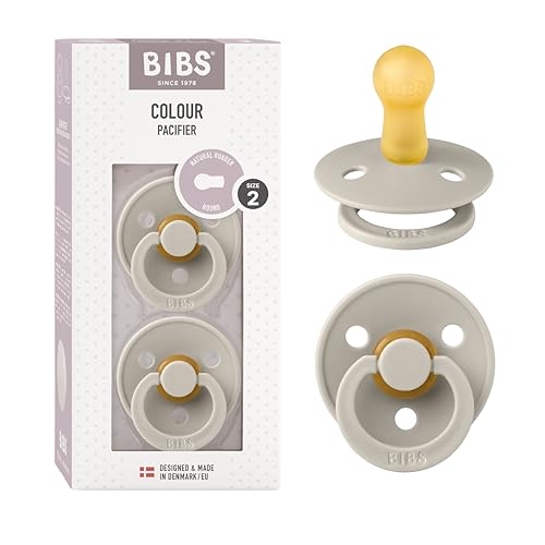 BIBS Colour Soother 2-Pack, BPA Free Dummy Pacifier, Round Nipple. Natural Rubber Latex, Made in Denmark, Size 2 (6-18 Months), Sand