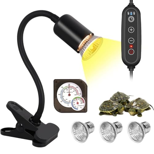 Dhqkqg Lámpara para Tortuga, con 3 Bombilla UVA UVB Lámpara (25W+2x50W), 360°Rotación con Función de Temporización y Termohigrómetro, para Lagarto, Tortuga, Serpiente