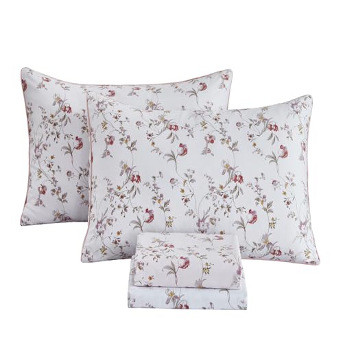 Image of FADFAY Sheets Set Cal King Rustic Pink Floral Botanical Bedding 100% Egyptian Cotton Bed Sheet Set Soft Breathable for All Season Bedoom Decor with 17.7 Deep Pocket Fitted Sheet, California King Size