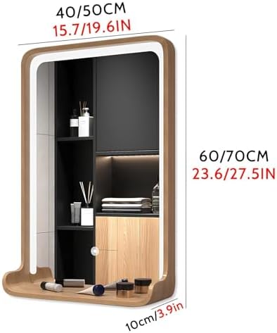 Square Bathroom Vanity Mirror with Shelf, Dimmable LED Lighted Rectangle Mirrors, Wall-Mounted Makeup Mirror Above Sink with Wooden Frame(Natural,60 * 40cm)