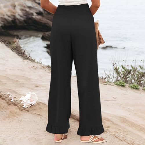 Palazzo Pants for Women Casual Wide Leg Boho Pants Summer Linen Smocked High Waist Ruffle Hem Trousers with Pockets4