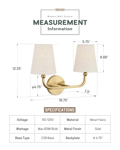 Image of 2-Light Bathroom Light Fixtures, Brushed Gold Vanity Lights, Double Wall Sconce with Linen Fabric Shade, Modern Sconces Wall Lighting for Hallway Bedroom Stairway, VL837-BG-A-2