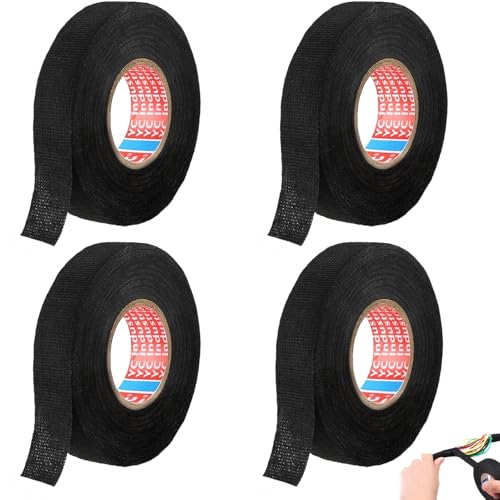 LEIBOCHAO 4 Piezas Cinta Aislante Negra, Cinta de Algodón - 19 mm x 25 m - Cinta de Tela Negra, Cinta de algodón no Tejida Alta Temperatura para Aislar y Agrupar Cables de Manera Segura